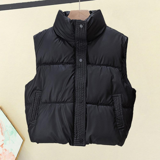 Winter Women Vest Coat Thickened Padded Button Closure Stand-up Collar Drawstring Hem Sleeveless Solid Color Windproof Heat Retention Outdoor Down Coat