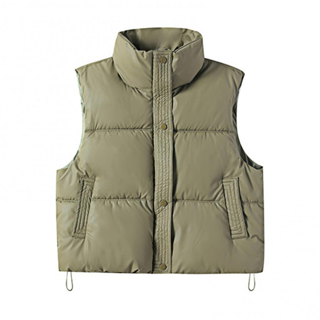 Winter Women Vest Coat Thickened Padded Button Closure Stand-up Collar Drawstring Hem Sleeveless Solid Color Windproof Heat Retention Outdoor Down Coat