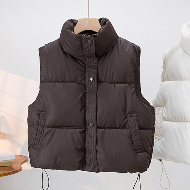 Winter Women Vest Coat Thickened Padded Button Closure Stand-up Collar Drawstring Hem Sleeveless Solid Color Windproof Heat Retention Outdoor Down Coat