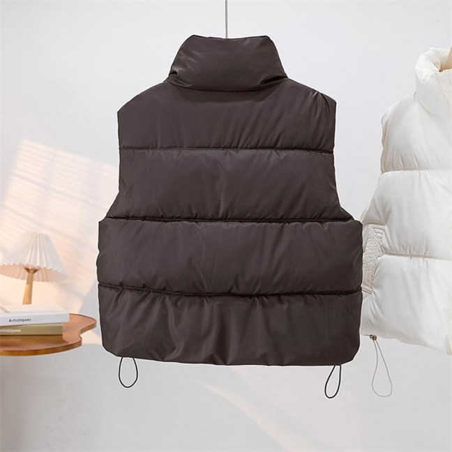 Winter Women Vest Coat Thickened Padded Button Closure Stand-up Collar Drawstring Hem Sleeveless Solid Color Windproof Heat Retention Outdoor Down Coat