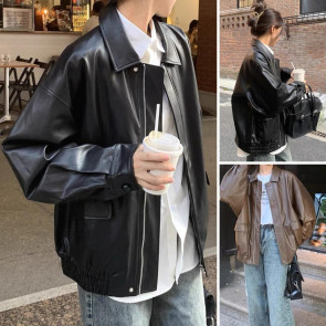 Women Jacket Faux Leather Smooth Surface Turn-down Collar Zip-up Long Sleeves Elastic Hem Pockets Retro Motorcycle Coat 