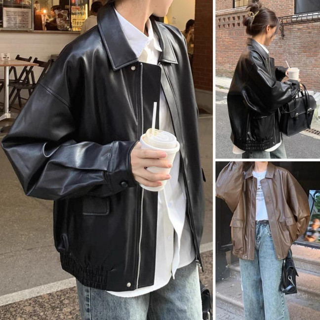Women Jacket Faux Leather Smooth Surface Turn-down Collar Zip-up Long Sleeves Elastic Hem Pockets Retro Motorcycle Coat 