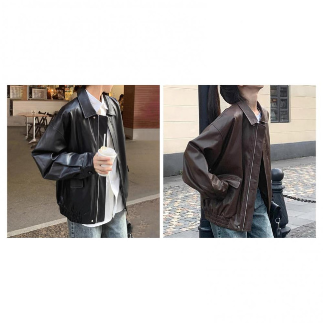 Women Jacket Faux Leather Smooth Surface Turn-down Collar Zip-up Long Sleeves Elastic Hem Pockets Retro Motorcycle Coat 