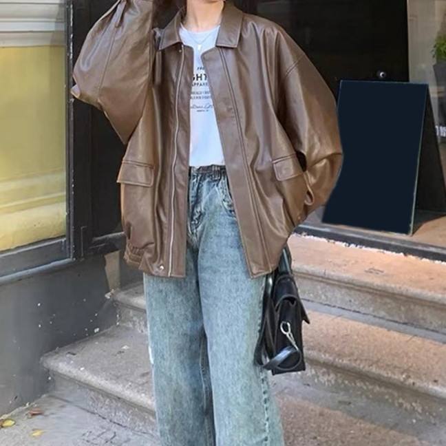 Women Jacket Faux Leather Smooth Surface Turn-down Collar Zip-up Long Sleeves Elastic Hem Pockets Retro Motorcycle Coat 