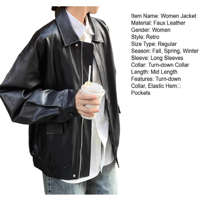Women Jacket Faux Leather Smooth Surface Turn-down Collar Zip-up Long Sleeves Elastic Hem Pockets Retro Motorcycle Coat 