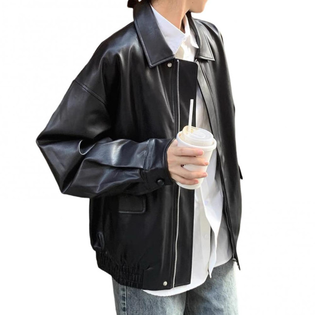 Women Jacket Faux Leather Smooth Surface Turn-down Collar Zip-up Long Sleeves Elastic Hem Pockets Retro Motorcycle Coat 
