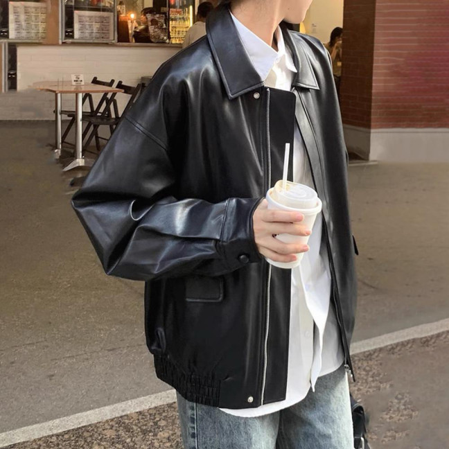 Women Jacket Faux Leather Smooth Surface Turn-down Collar Zip-up Long Sleeves Elastic Hem Pockets Retro Motorcycle Coat 