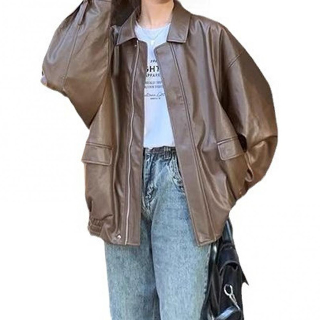 Women Jacket Faux Leather Smooth Surface Turn-down Collar Zip-up Long Sleeves Elastic Hem Pockets Retro Motorcycle Coat 