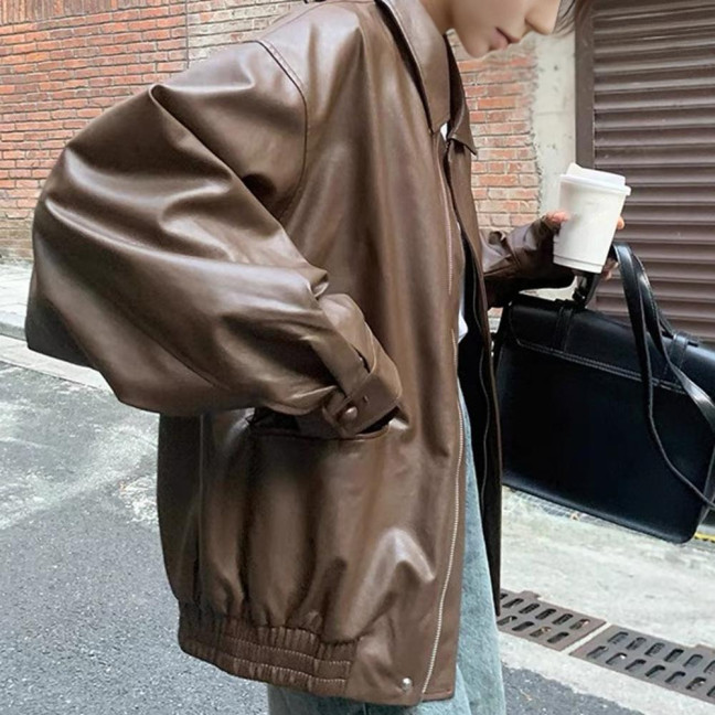Women Jacket Faux Leather Smooth Surface Turn-down Collar Zip-up Long Sleeves Elastic Hem Pockets Retro Motorcycle Coat 