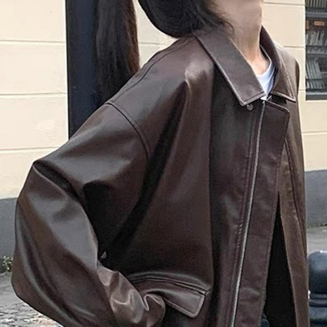 Women Jacket Faux Leather Smooth Surface Turn-down Collar Zip-up Long Sleeves Elastic Hem Pockets Retro Motorcycle Coat 