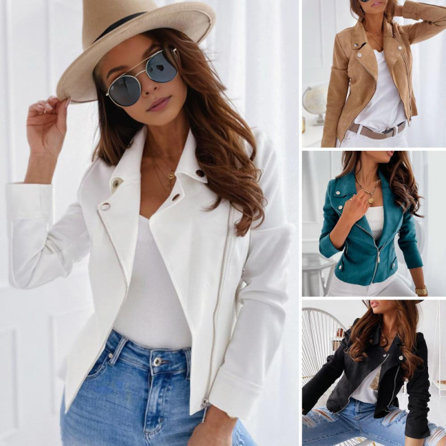 Women Jacket Faux Leather Smooth Surface Turn-down Collar Zipper Closure Long Sleeves Pockets Motorcycle Coat Office Commuting Travel Outerwear