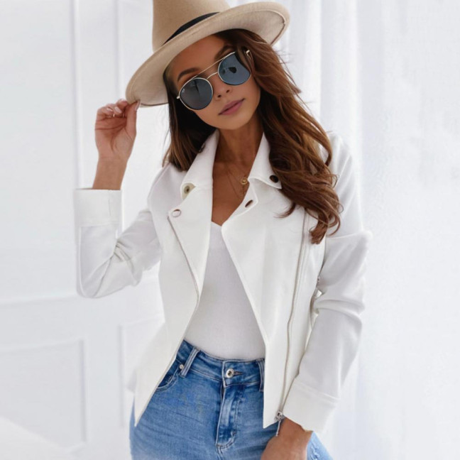 Women Jacket Faux Leather Smooth Surface Turn-down Collar Zipper Closure Long Sleeves Pockets Motorcycle Coat Office Commuting Travel Outerwear