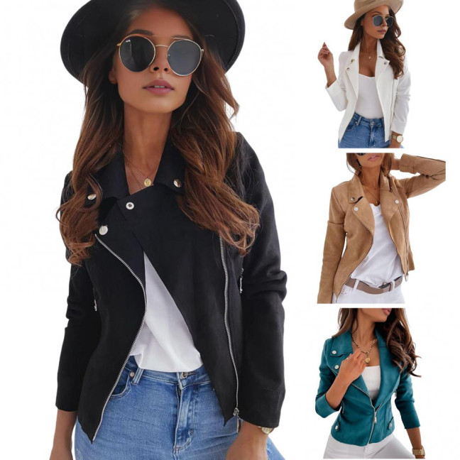 Women Jacket Faux Leather Smooth Surface Turn-down Collar Zipper Closure Long Sleeves Pockets Motorcycle Coat Office Commuting Travel Outerwear