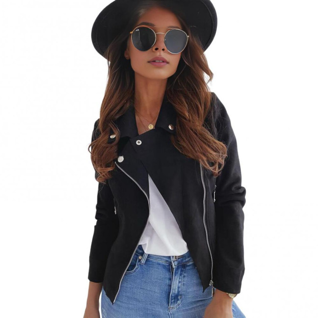 Women Jacket Faux Leather Smooth Surface Turn-down Collar Zipper Closure Long Sleeves Pockets Motorcycle Coat Office Commuting Travel Outerwear