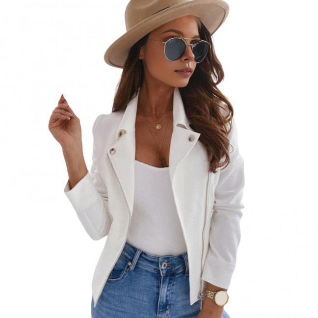 Women Jacket Faux Leather Smooth Surface Turn-down Collar Zipper Closure Long Sleeves Pockets Motorcycle Coat Office Commuting Travel Outerwear