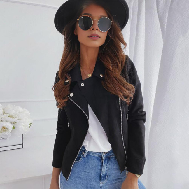 Women Jacket Faux Leather Smooth Surface Turn-down Collar Zipper Closure Long Sleeves Pockets Motorcycle Coat Office Commuting Travel Outerwear