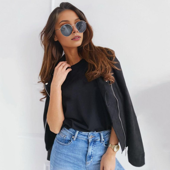 Women Jacket Faux Leather Smooth Surface Turn-down Collar Zipper Closure Long Sleeves Pockets Motorcycle Coat Office Commuting Travel Outerwear