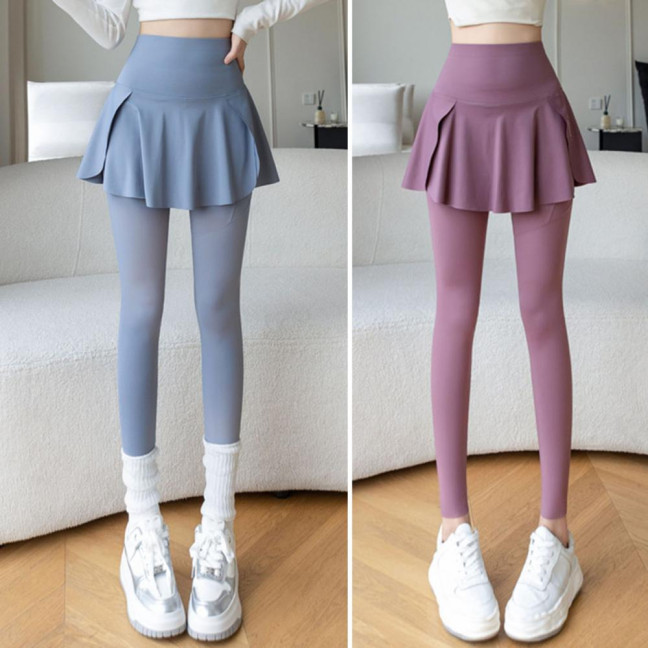 Women Yoga Pants Fake Tow-piece Skirt Patchwork Skinny Compression High Waist Phone Pocket Butt-lifted Anti-exposure Seamless Sport Gym Jogging Trousers 