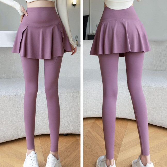 Women Yoga Pants Fake Tow-piece Skirt Patchwork Skinny Compression High Waist Phone Pocket Butt-lifted Anti-exposure Seamless Sport Gym Jogging Trousers 