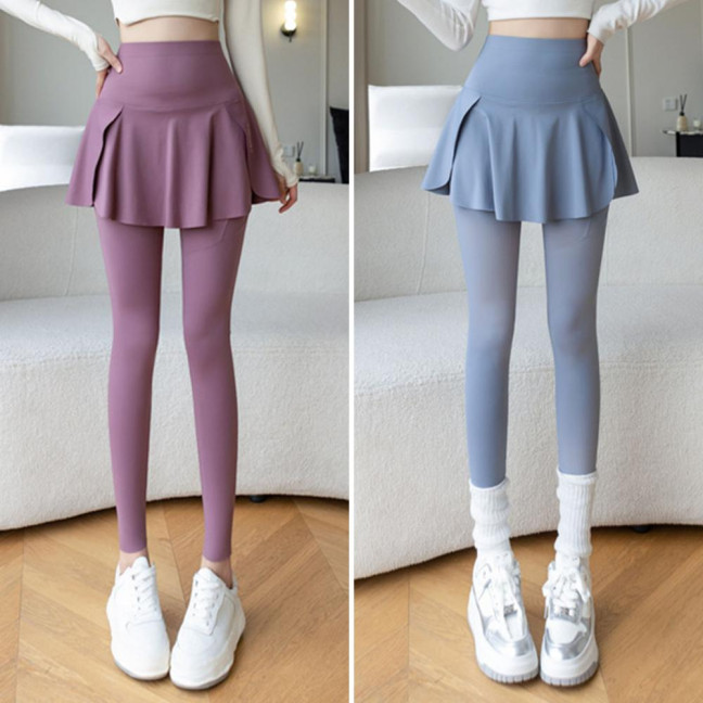 Women Yoga Pants Fake Tow-piece Skirt Patchwork Skinny Compression High Waist Phone Pocket Butt-lifted Anti-exposure Seamless Sport Gym Jogging Trousers 