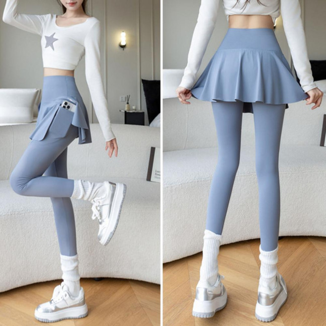 Women Yoga Pants Fake Tow-piece Skirt Patchwork Skinny Compression High Waist Phone Pocket Butt-lifted Anti-exposure Seamless Sport Gym Jogging Trousers 