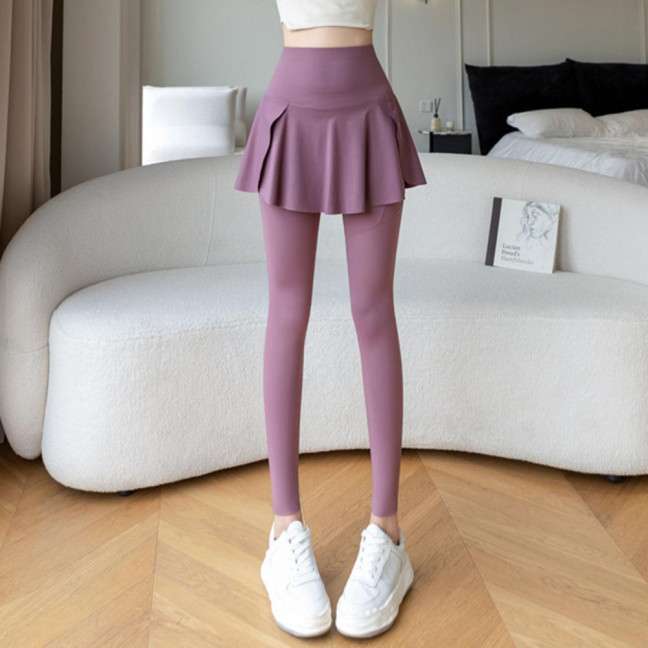 Women Yoga Pants Fake Tow-piece Skirt Patchwork Skinny Compression High Waist Phone Pocket Butt-lifted Anti-exposure Seamless Sport Gym Jogging Trousers 