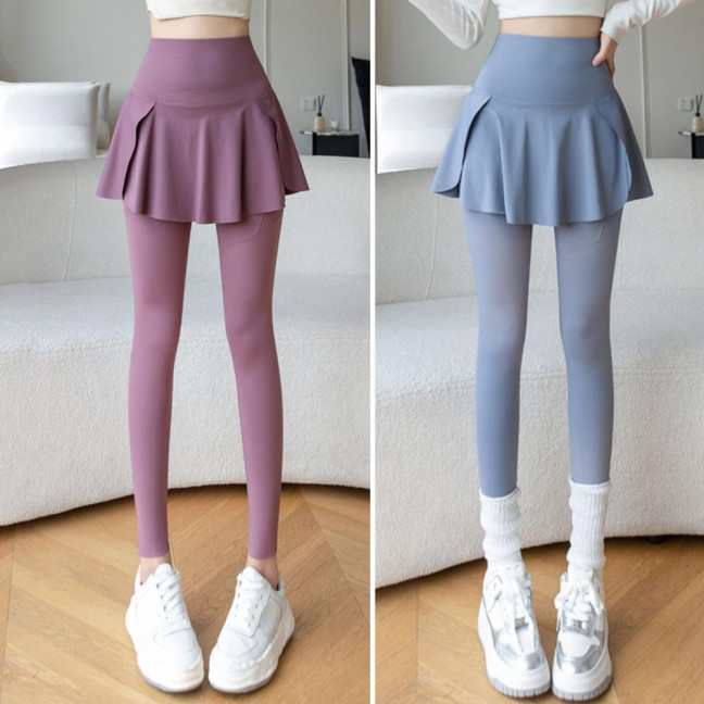 Women Yoga Pants Fake Tow-piece Skirt Patchwork Skinny Compression High Waist Phone Pocket Butt-lifted Anti-exposure Seamless Sport Gym Jogging Trousers 