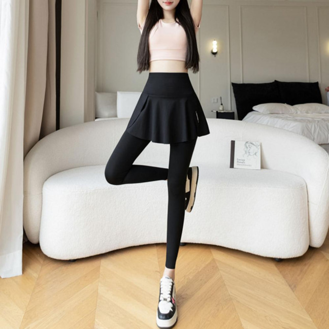 Women Yoga Pants Fake Tow-piece Skirt Patchwork Skinny Compression High Waist Phone Pocket Butt-lifted Anti-exposure Seamless Sport Gym Jogging Trousers 