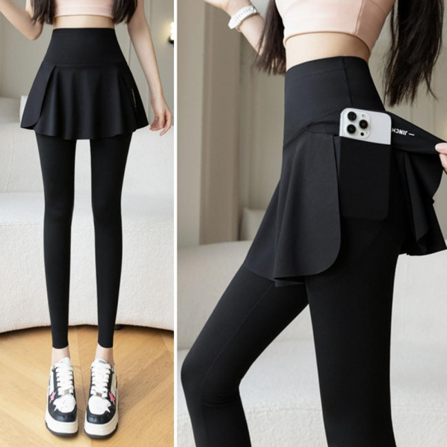 Women Yoga Pants Fake Tow-piece Skirt Patchwork Skinny Compression High Waist Phone Pocket Butt-lifted Anti-exposure Seamless Sport Gym Jogging Trousers 