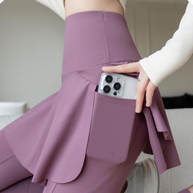 Women Yoga Pants Fake Tow-piece Skirt Patchwork Skinny Compression High Waist Phone Pocket Butt-lifted Anti-exposure Seamless Sport Gym Jogging Trousers 