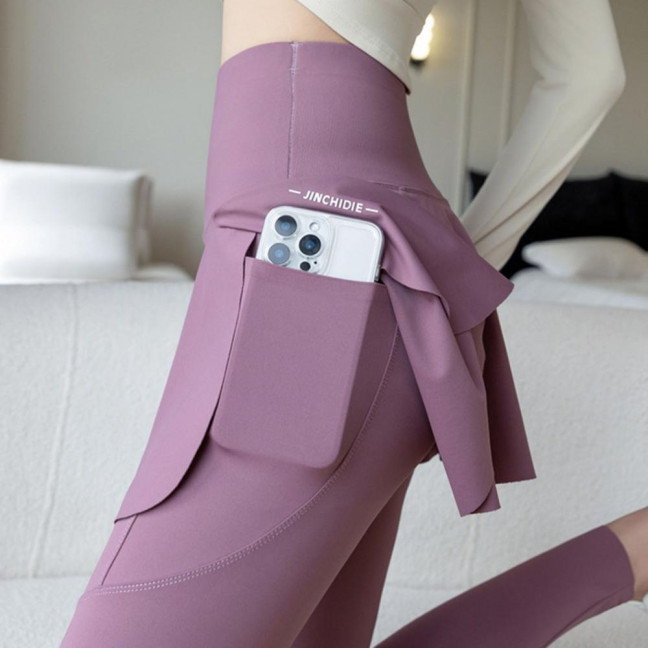 Women Yoga Pants Fake Tow-piece Skirt Patchwork Skinny Compression High Waist Phone Pocket Butt-lifted Anti-exposure Seamless Sport Gym Jogging Trousers 