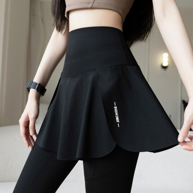 Women Yoga Pants Fake Tow-piece Skirt Patchwork Skinny Compression High Waist Phone Pocket Butt-lifted Anti-exposure Seamless Sport Gym Jogging Trousers 