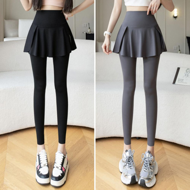 Women Yoga Pants Fake Tow-piece Skirt Patchwork Skinny Compression High Waist Phone Pocket Butt-lifted Anti-exposure Seamless Sport Gym Jogging Trousers 