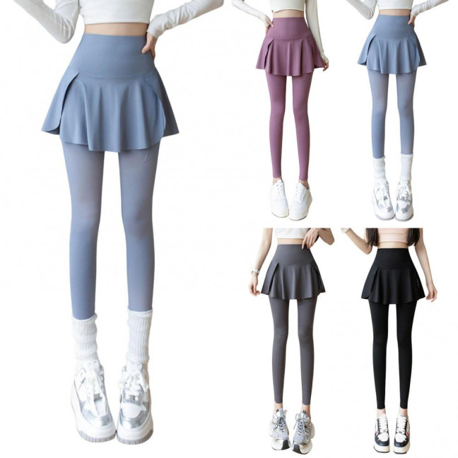 Women Yoga Pants Fake Tow-piece Skirt Patchwork Skinny Compression High Waist Phone Pocket Butt-lifted Anti-exposure Seamless Sport Gym Jogging Trousers 