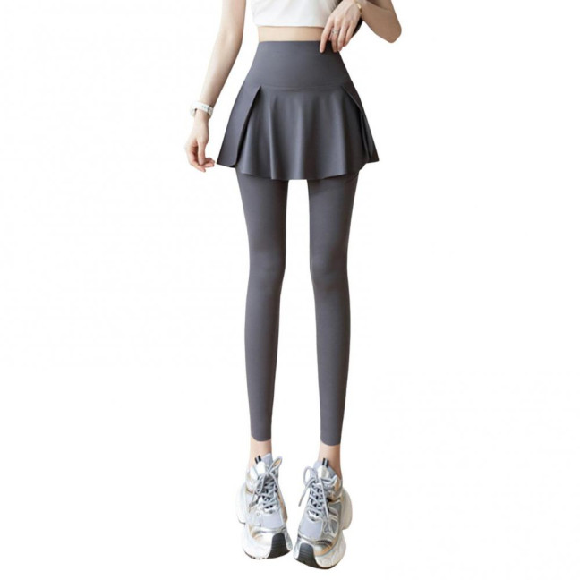 Women Yoga Pants Fake Tow-piece Skirt Patchwork Skinny Compression High Waist Phone Pocket Butt-lifted Anti-exposure Seamless Sport Gym Jogging Trousers 