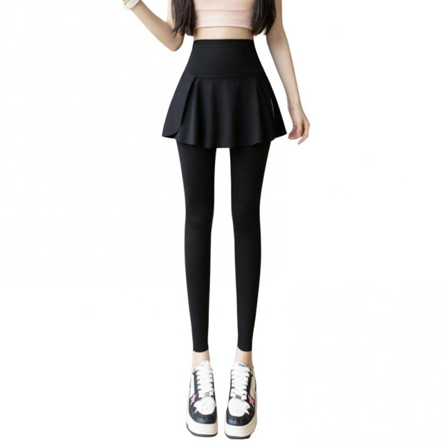 Women Yoga Pants Fake Tow-piece Skirt Patchwork Skinny Compression High Waist Phone Pocket Butt-lifted Anti-exposure Seamless Sport Gym Jogging Trousers 