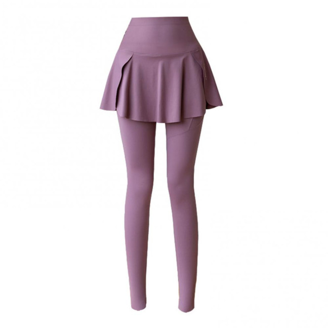 Women Yoga Pants Fake Tow-piece Skirt Patchwork Skinny Compression High Waist Phone Pocket Butt-lifted Anti-exposure Seamless Sport Gym Jogging Trousers 