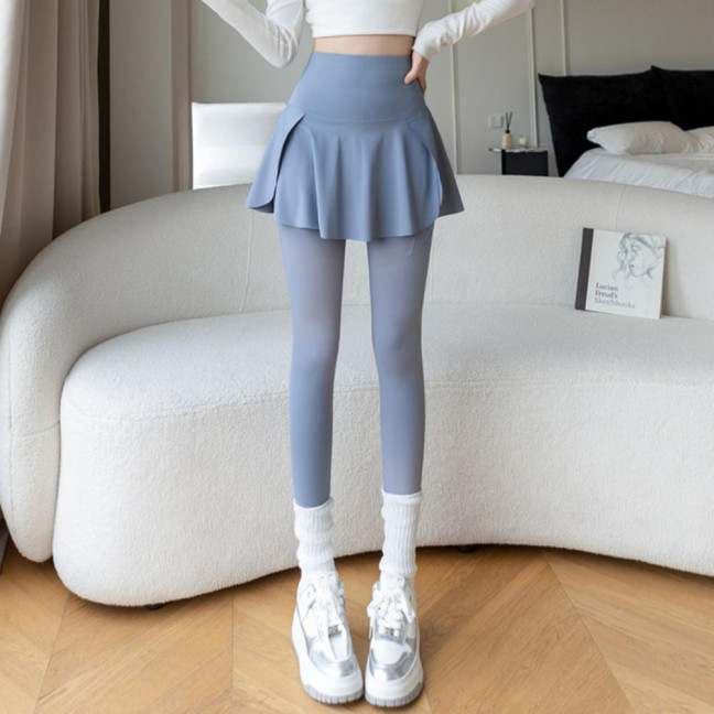 Women Yoga Pants Fake Tow-piece Skirt Patchwork Skinny Compression High Waist Phone Pocket Butt-lifted Anti-exposure Seamless Sport Gym Jogging Trousers 