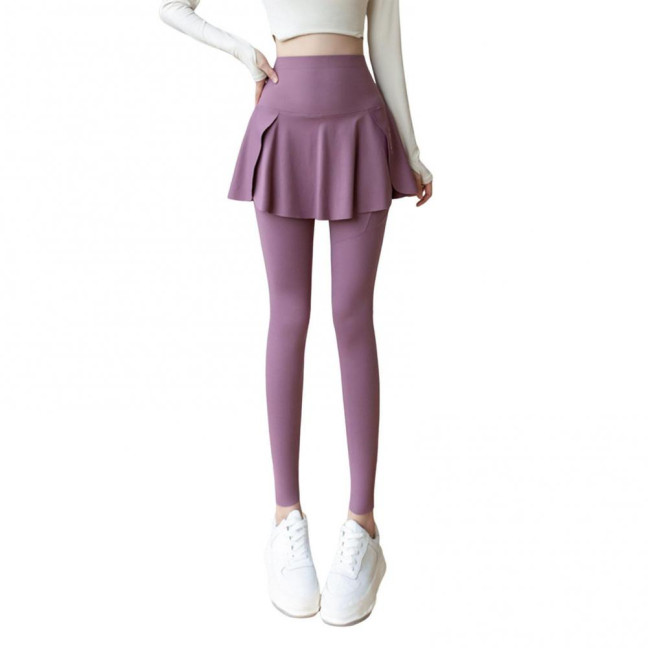 Women Yoga Pants Fake Tow-piece Skirt Patchwork Skinny Compression High Waist Phone Pocket Butt-lifted Anti-exposure Seamless Sport Gym Jogging Trousers 