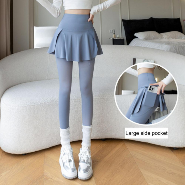 Women Yoga Pants Fake Tow-piece Skirt Patchwork Skinny Compression High Waist Phone Pocket Butt-lifted Anti-exposure Seamless Sport Gym Jogging Trousers 