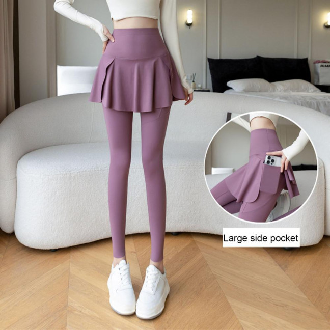 Women Yoga Pants Fake Tow-piece Skirt Patchwork Skinny Compression High Waist Phone Pocket Butt-lifted Anti-exposure Seamless Sport Gym Jogging Trousers 