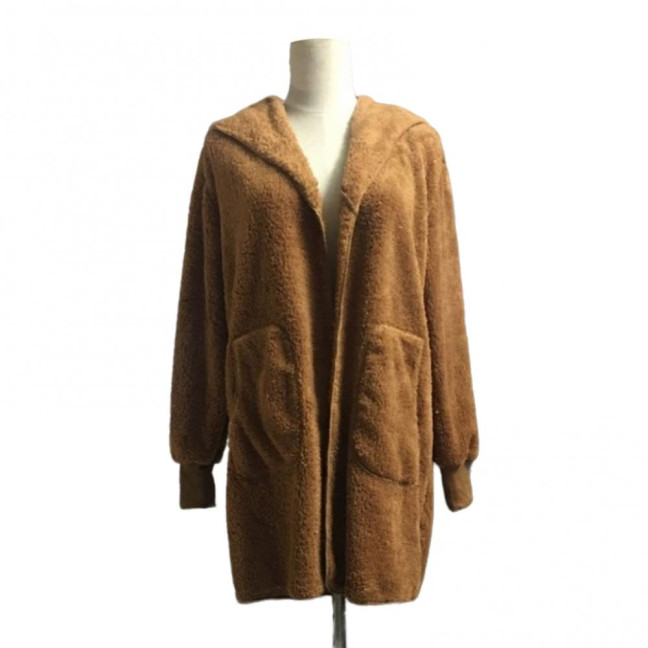 Women Winter Jacket Double-sided Wear Thick Fleece Hooded Pockets Mid Length Solid Color Warm Casual Daily Wear Long Coat 
