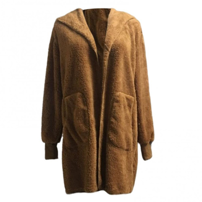 Women Winter Jacket Double-sided Wear Thick Fleece Hooded Pockets Mid Length Solid Color Warm Casual Daily Wear Long Coat 