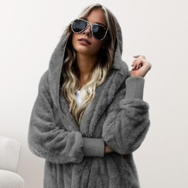 Women Winter Jacket Double-sided Wear Thick Fleece Hooded Pockets Mid Length Solid Color Warm Casual Daily Wear Long Coat 