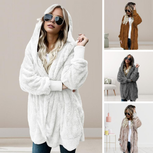 Women Winter Jacket Double-sided Wear Thick Fleece Hooded Pockets Mid Length Solid Color Warm Casual Daily Wear Long Coat 