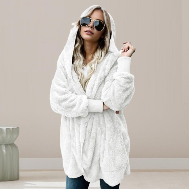 Women Winter Jacket Double-sided Wear Thick Fleece Hooded Pockets Mid Length Solid Color Warm Casual Daily Wear Long Coat 
