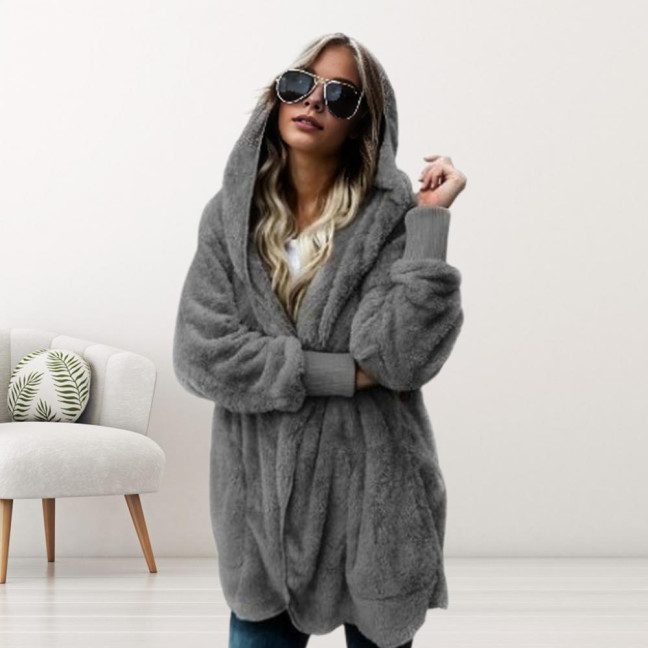 Women Winter Jacket Double-sided Wear Thick Fleece Hooded Pockets Mid Length Solid Color Warm Casual Daily Wear Long Coat 