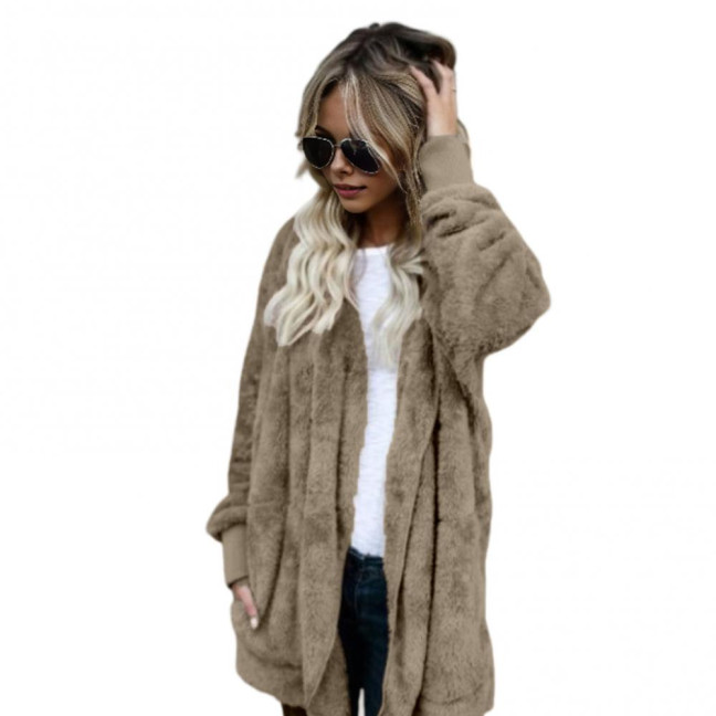 Women Winter Jacket Double-sided Wear Thick Fleece Hooded Pockets Mid Length Solid Color Warm Casual Daily Wear Long Coat 