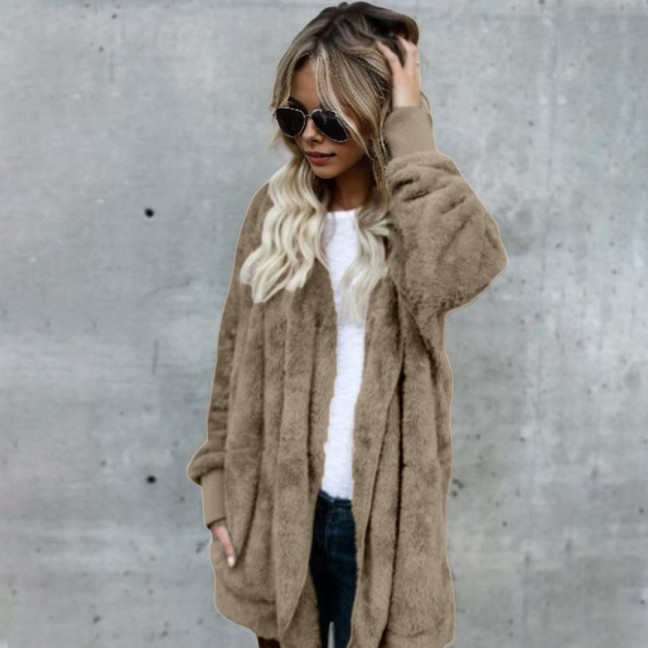 Women Winter Jacket Double-sided Wear Thick Fleece Hooded Pockets Mid Length Solid Color Warm Casual Daily Wear Long Coat 