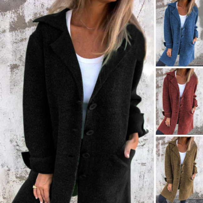 Autumn Winter Women Jacket Turn-down Collar Single-breasted Long Sleeves Loose Solid Color Woolen Coat Pockets Mid Length Commuting Dating Overcoat Autumn Winter Women Jacket Turn-down Collar Single-breasted Long Sleeves Loose Solid Color Woolen Coat Pockets Mid Length Commuting Dating Overcoat